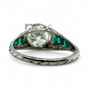 Vintage 2.14 Carat Old European Cut Diamond & Emerald Platinum Engagement Ring