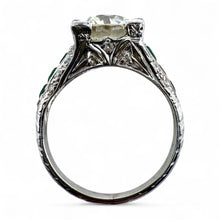 Vintage 2.14 Carat Old European Cut Diamond & Emerald Platinum Engagement Ring