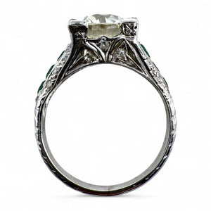 Vintage 2.14 Carat Old European Cut Diamond & Emerald Platinum Engagement Ring