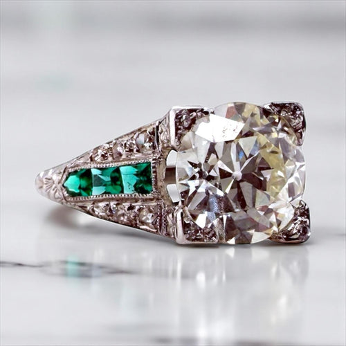 Vintage 2.14 Carat Old European Cut Diamond & Emerald Platinum Engagement Ring