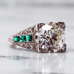 Vintage 2.14 Carat Old European Cut Diamond & Emerald Platinum Engagement Ring