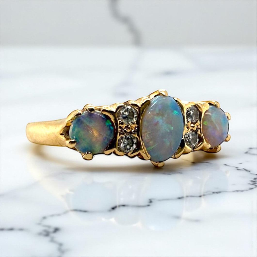 Vintage Opal & Diamond Band Style Ring 14K Yellow Gold