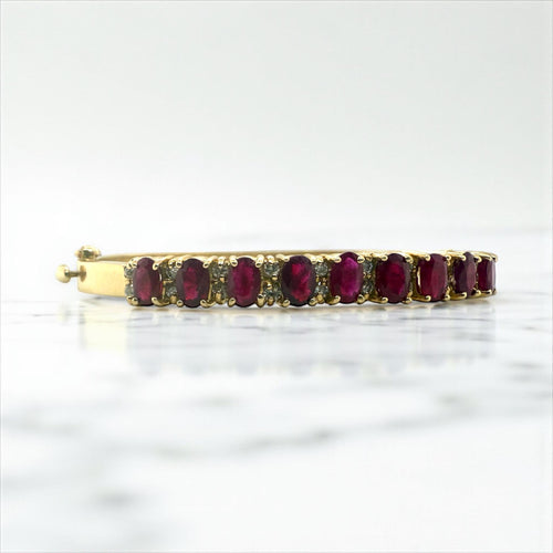 Vintage Ruby & Diamond Bangle Bracelet 14K Yellow Gold