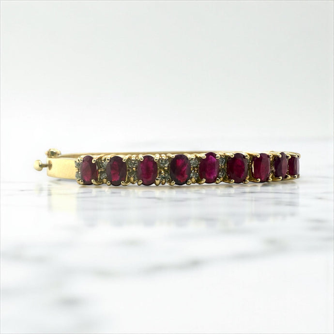 Vintage Ruby & Diamond Bangle Bracelet 14K Yellow Gold