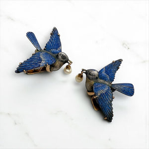 Vintage Art Deco Era Enamel Blue Bird Fur Clips