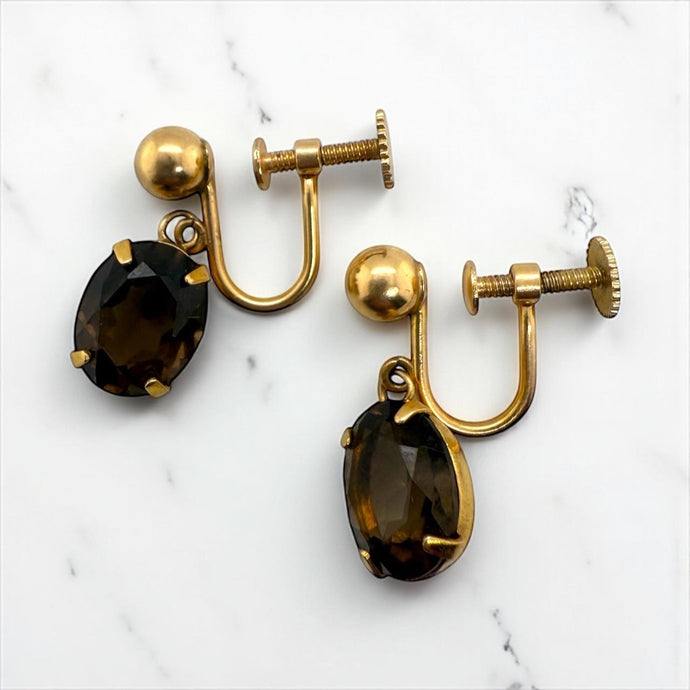 Vintage Smoky Quarts Dangle Screw Back Style Earrings