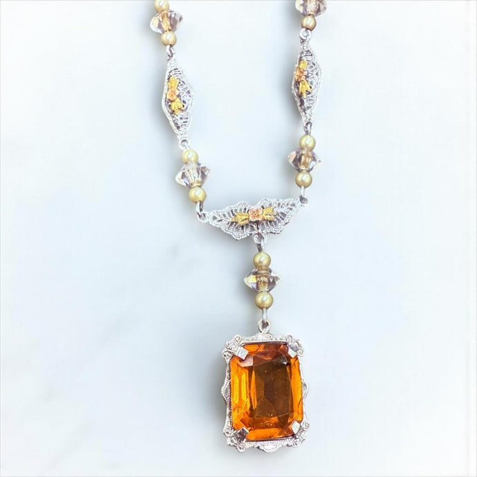 Vintage Citrine & Quartz Filigree Necklace 14K White Gold