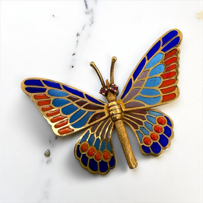 Vintage Plique a Jour Enamel Butterfly Brooch 18K Yellow Gold