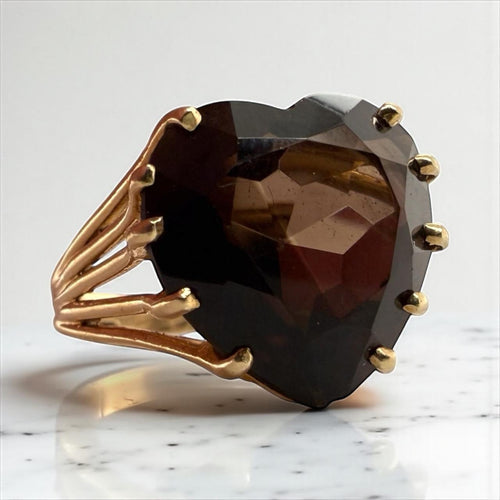 Vintage Heart Shaped Smoky Quartz Cocktail Ring 14K Yellow Gold