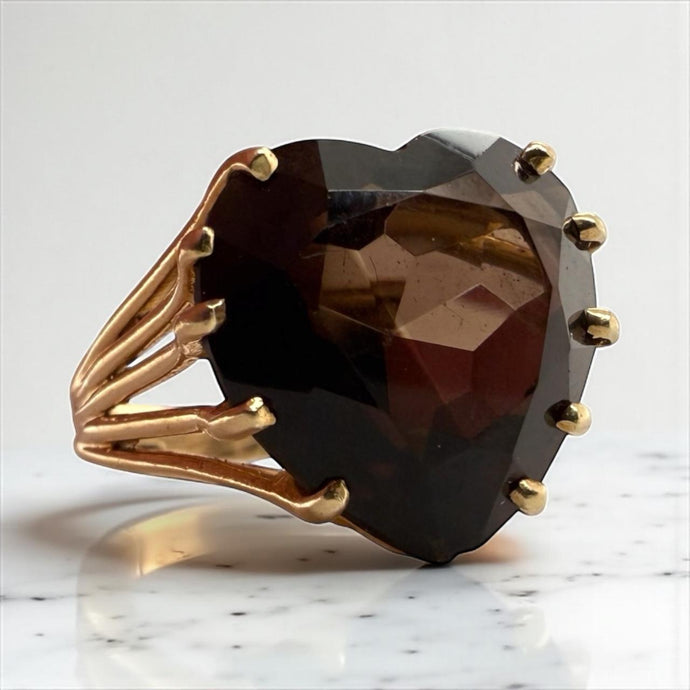 Vintage Heart Shaped Smoky Quartz Cocktail Ring 14K Yellow Gold