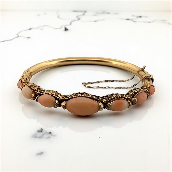 Vintage Angel Skin Coral Bangle Bracelet 14K Yellow Gold