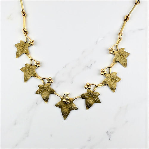 Vintage Grape Leaf Italian Made Necklace 14K Yellow Gold