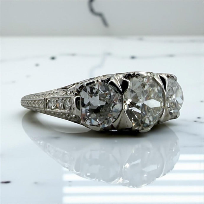 Vintage 3 CTW Edwardian Era Three Stone Diamond Platinum Engagement Ring