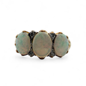 Vintage Opal & Diamond Three Stone Ring 18K Yellow Gold