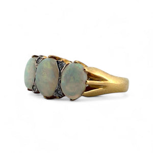 Vintage Opal & Diamond Three Stone Ring 18K Yellow Gold