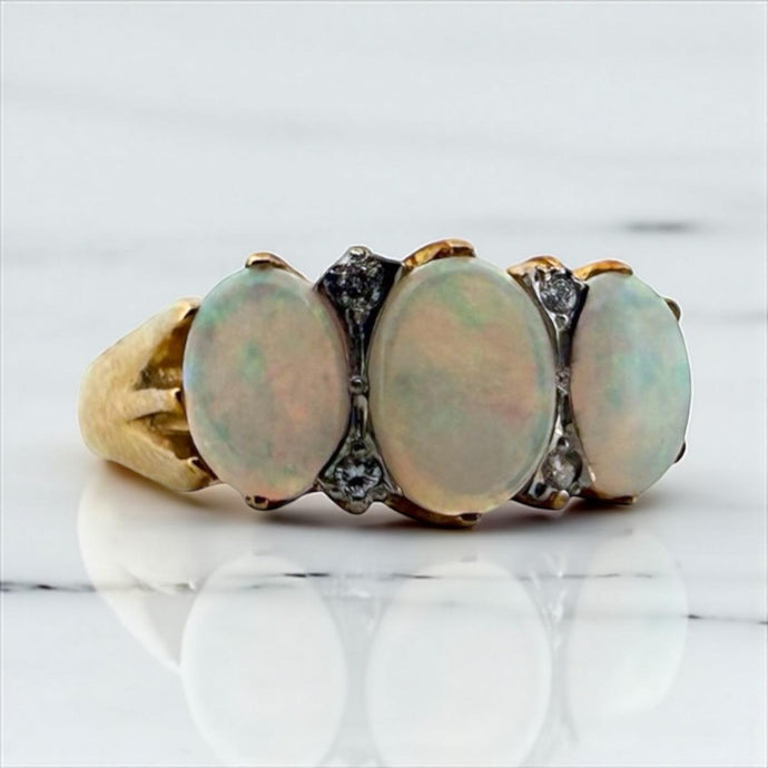 Vintage Opal & Diamond Three Stone Ring 18K Yellow Gold