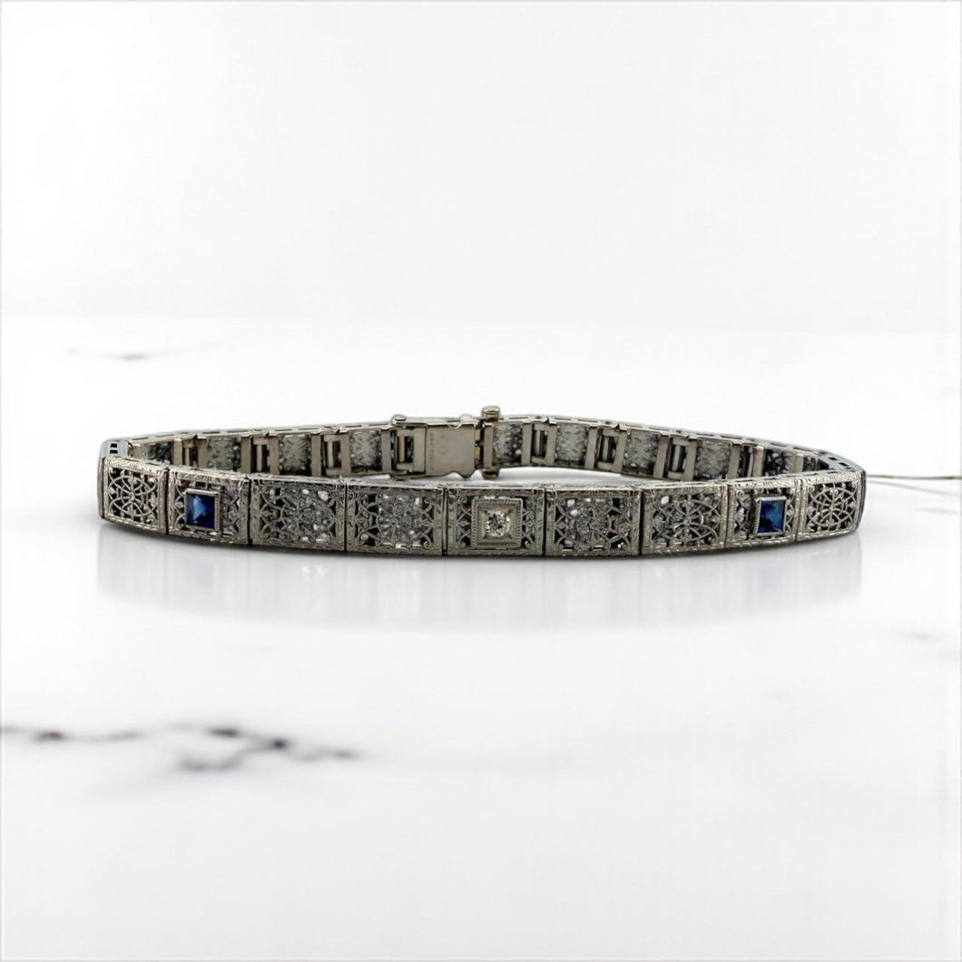 Vintage Art Deco Sapphire & Diamond Filigree Bracelet