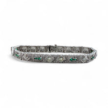 Vintage Art Deco Diamond & Emerald Filigree Bracelet 14K White Gold