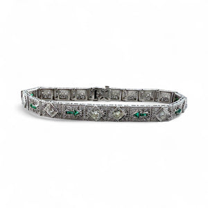 Vintage Art Deco Diamond & Emerald Filigree Bracelet 14K White Gold