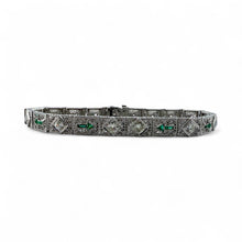 Vintage Art Deco Diamond & Emerald Filigree Bracelet 14K White Gold