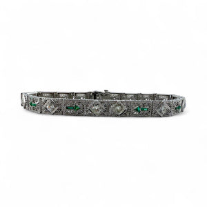 Vintage Art Deco Diamond & Emerald Filigree Bracelet 14K White Gold