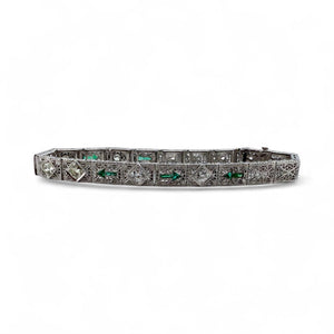 Vintage Art Deco Diamond & Emerald Filigree Bracelet 14K White Gold