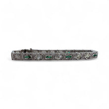 Vintage Art Deco Diamond & Emerald Filigree Bracelet 14K White Gold