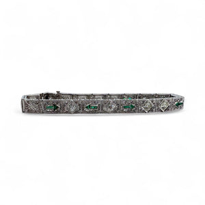 Vintage Art Deco Diamond & Emerald Filigree Bracelet 14K White Gold