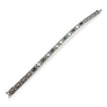 Vintage Art Deco Diamond & Emerald Filigree Bracelet 14K White Gold