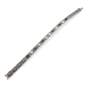 Vintage Art Deco Diamond & Emerald Filigree Bracelet 14K White Gold