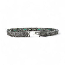Vintage Art Deco Diamond & Emerald Filigree Bracelet 14K White Gold