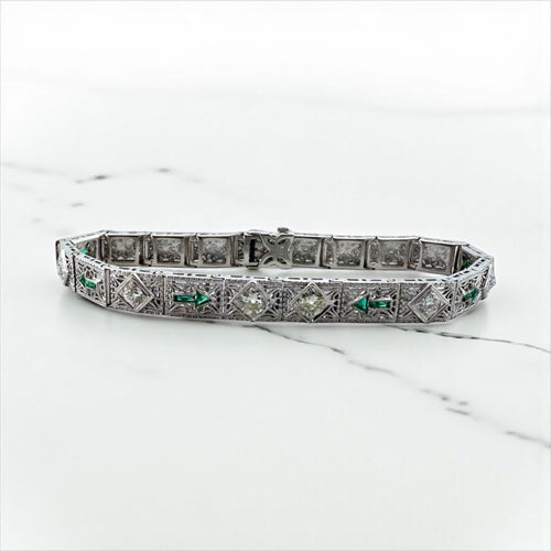 Vintage Art Deco Diamond & Emerald Filigree Bracelet 14K White Gold