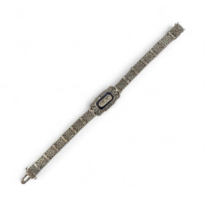 Vintage Art Deco Synthetic Sapphire & Diamond Filigree Bracelet 14K White Gold
