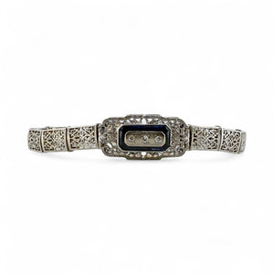 Vintage Art Deco Synthetic Sapphire & Diamond Filigree Bracelet 14K White Gold