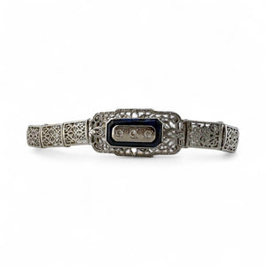 Vintage Art Deco Synthetic Sapphire & Diamond Filigree Bracelet 14K White Gold