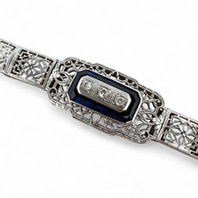Vintage Art Deco Synthetic Sapphire & Diamond Filigree Bracelet 14K White Gold