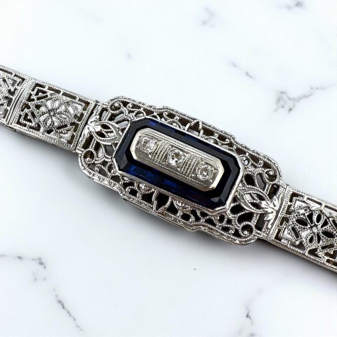 Vintage Art Deco Synthetic Sapphire & Diamond Filigree Bracelet 14K White Gold