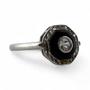 Vintage Art Deco Dainty Onyx & Diamond Filigree Ring 14K White Gold