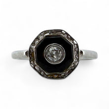 Vintage Art Deco Dainty Onyx & Diamond Filigree Ring 14K White Gold