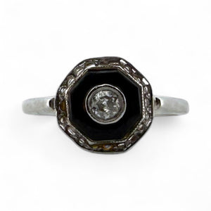 Vintage Art Deco Dainty Onyx & Diamond Filigree Ring 14K White Gold