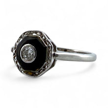 Vintage Art Deco Dainty Onyx & Diamond Filigree Ring 14K White Gold