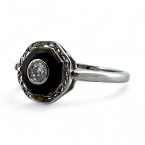 Vintage Art Deco Dainty Onyx & Diamond Filigree Ring 14K White Gold