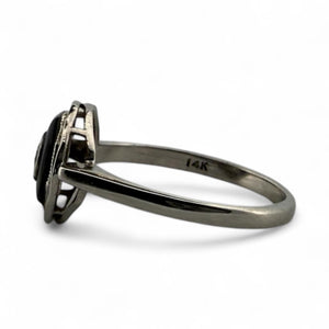 Vintage Art Deco Dainty Onyx & Diamond Filigree Ring 14K White Gold