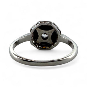 Vintage Art Deco Dainty Onyx & Diamond Filigree Ring 14K White Gold
