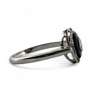 Vintage Art Deco Dainty Onyx & Diamond Filigree Ring 14K White Gold
