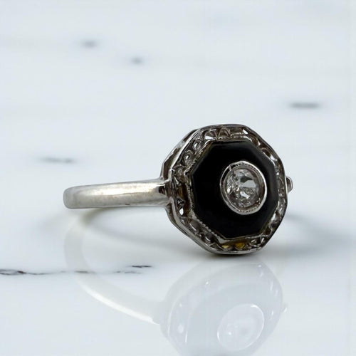 Vintage Art Deco Dainty Onyx & Diamond Filigree Ring 14K White Gold