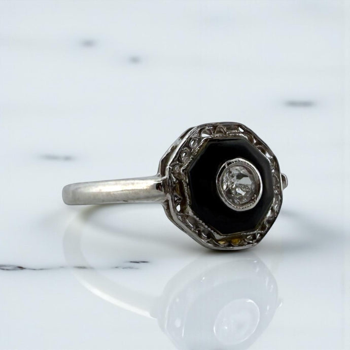 Vintage Art Deco Dainty Onyx & Diamond Filigree Ring 14K White Gold