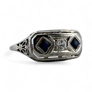 Vintage Art Deco Sapphire & Diamond Filigree Cocktail Ring Belais & Co