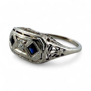Vintage Art Deco Sapphire & Diamond Filigree Cocktail Ring Belais & Co