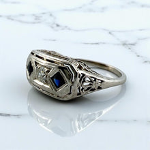 Vintage Art Deco Sapphire & Diamond Filigree Cocktail Ring Belais & Co